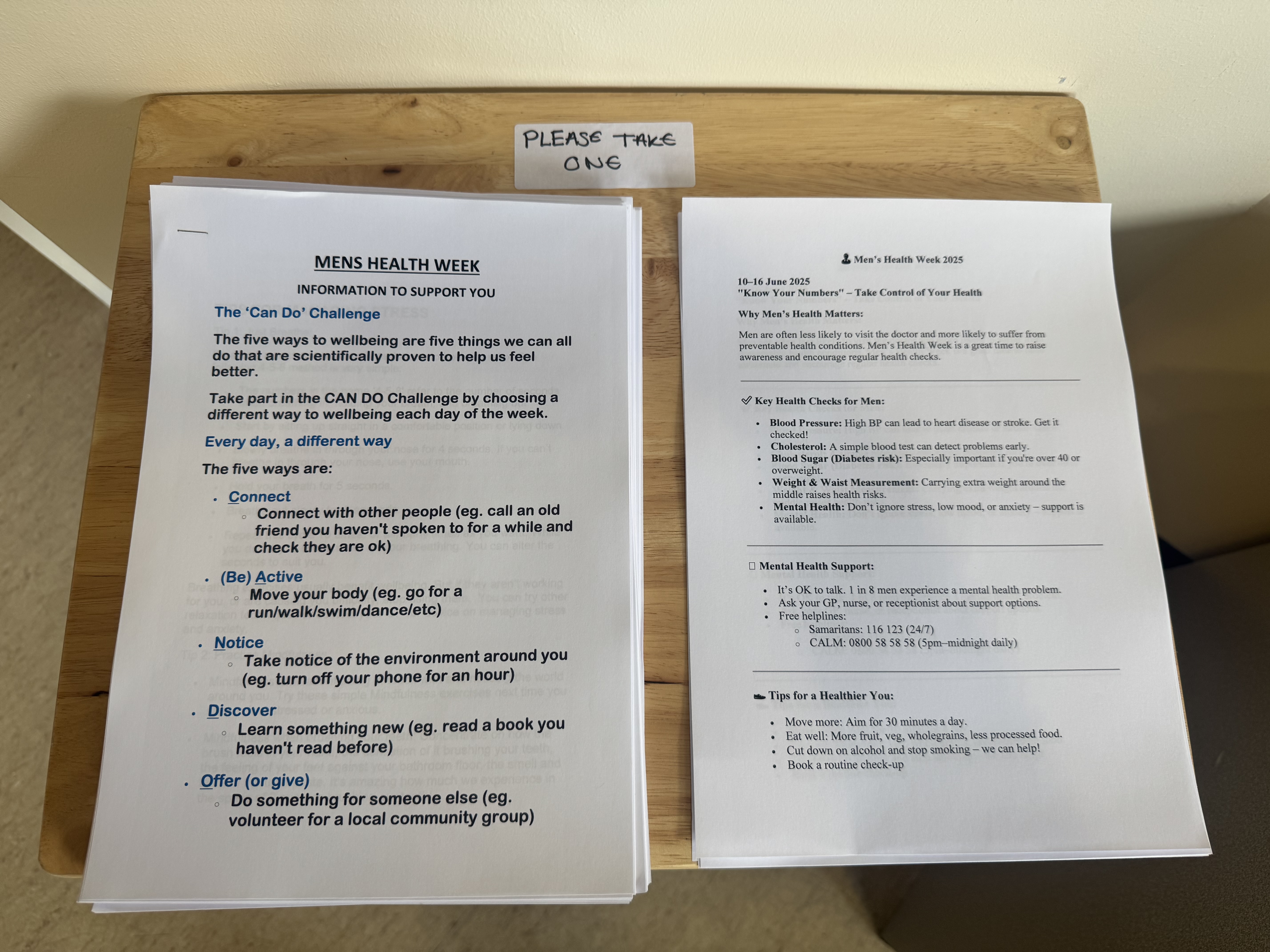 A table with the print outs for health information pack